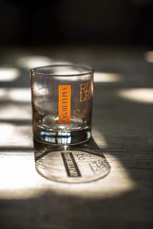 Archetypes Heavy-Base Rocks Glass – 10 oz Tempered Barware with Orange Letterpress Design