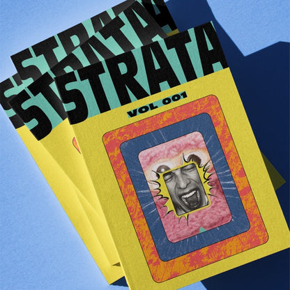 STRATA Vol 001 print magazine — bold yellow cover with graphic lockup, stacked copies showing the limited-edition collectible format