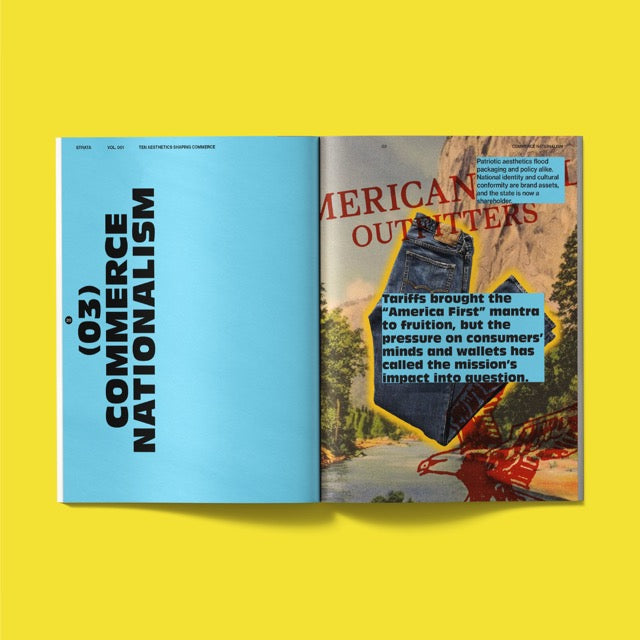 STRATA Vol 001 interior spread — Commerce Nationalism chapter with editorial design and collage imagery